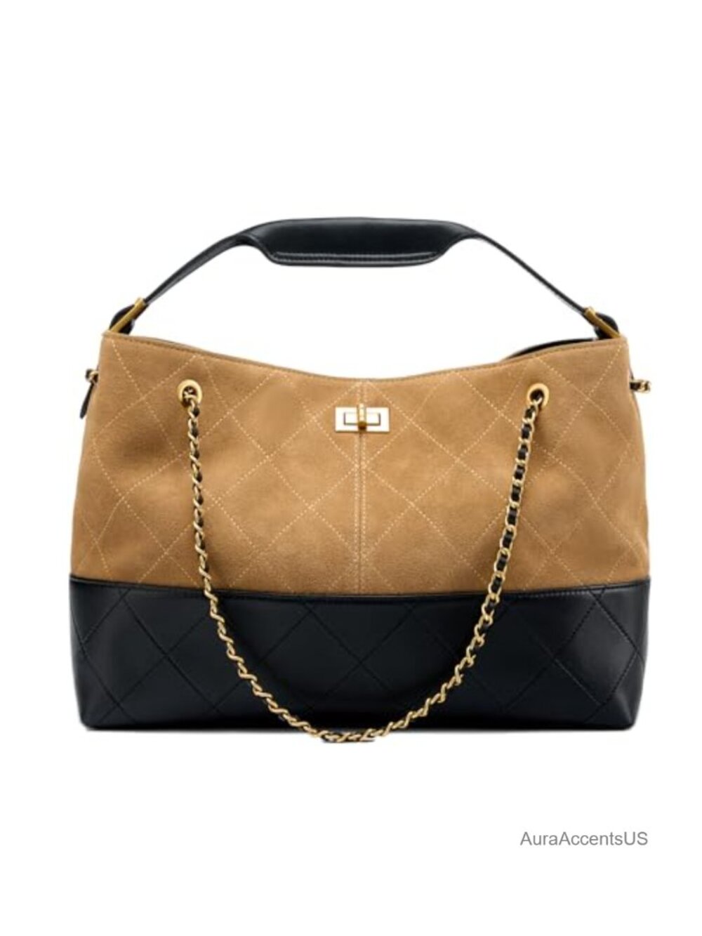 Soft Genuine Leather Lambskin Suede Quilted Bag, Carryall Top Handle Gold Chain
